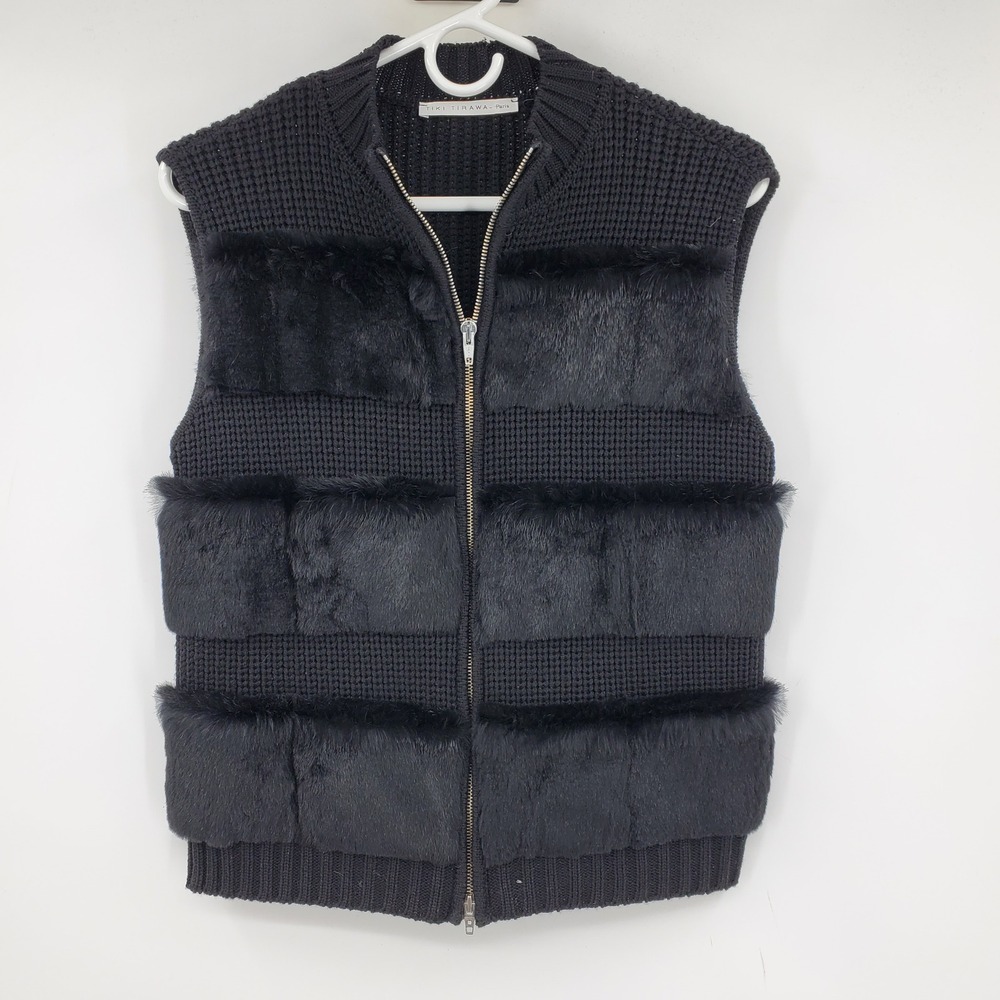 Tiki Tirawa Paris Black Wool Rabbit Fur Knit Zip Front Vest Designer France Glam